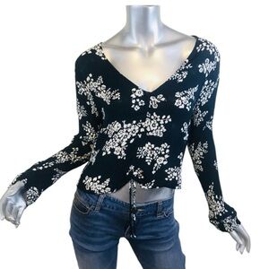 Patrons of Peace Blouse Large Dark Blue White Floral Ruched Tie Front Top.